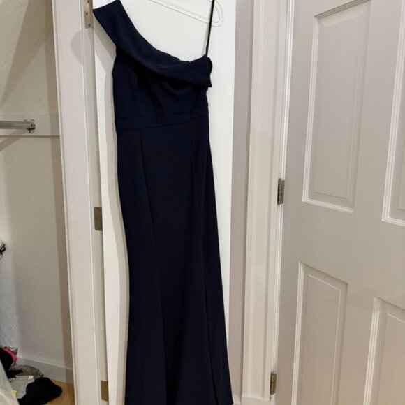 Aqua One-Shoulder Scuba Crêpe Navy Gown - Picture 2 of 7